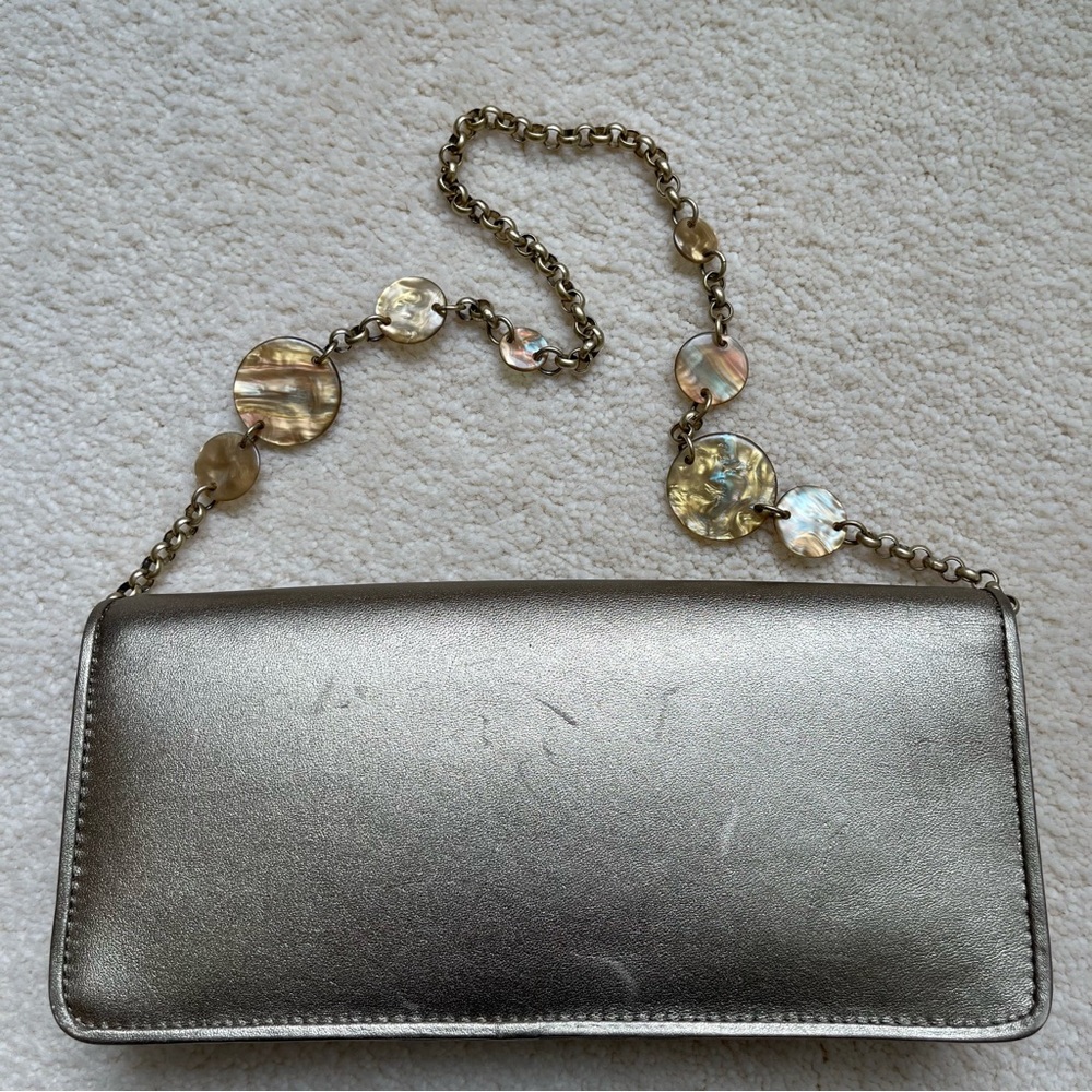 Ann Taylor Leather Handbag/Clutch Gold Chain With Mother Of Pearl Discs - Picture 14 of 15